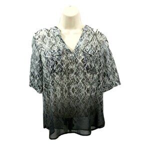 Vince Camuto Tura Tunic Top Sz Small Black White Blouse Short Sleeve Semi-Sheer